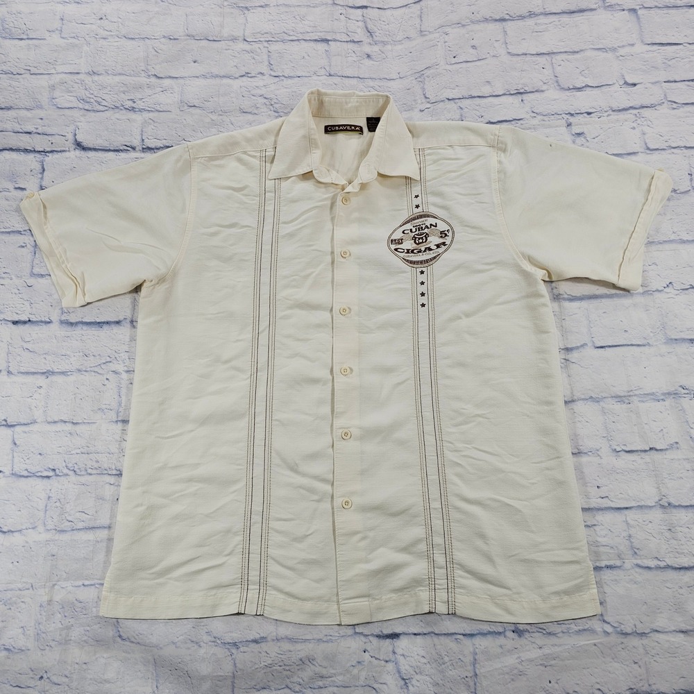 Cubavera Button Down Shirt MENS Large Cream Cuban Cigar Embroidered Guayabera